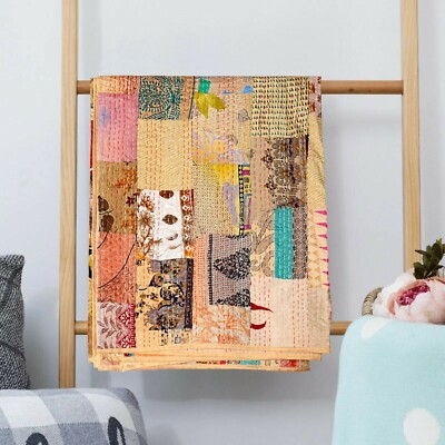Indian  Silk Blanket BohoVintage Patchwork Kantha Bedspread Handmade Quilt Throw