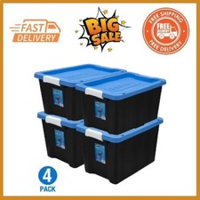 HART 12 Gallon Latching Plastic Storage Bin Container, Black with Blue Lid