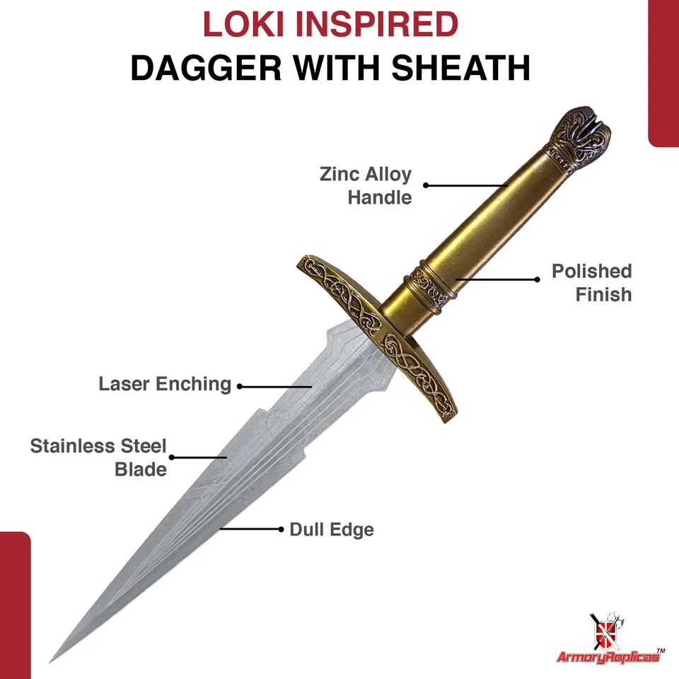 Loki Inspired Dagger with Sheath – Stainless Steel Blade, Zinc Alloy Handle - Image 3 of 4