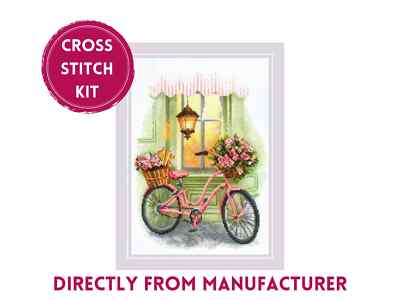 RIOLIS Counted Cross Stitch Kit 2089 A Floral Trip - Pink & Green Bike & Lamp