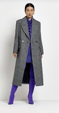 Nwt River Island Long Black White Houndstooth Check Smart Wool Coat Jacket Uk 6