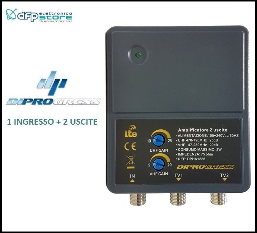 Amplificatore Segnale TV AMP20 - Per Interni, 2 Uscite, Guadagno Regolabile 5-20 DB