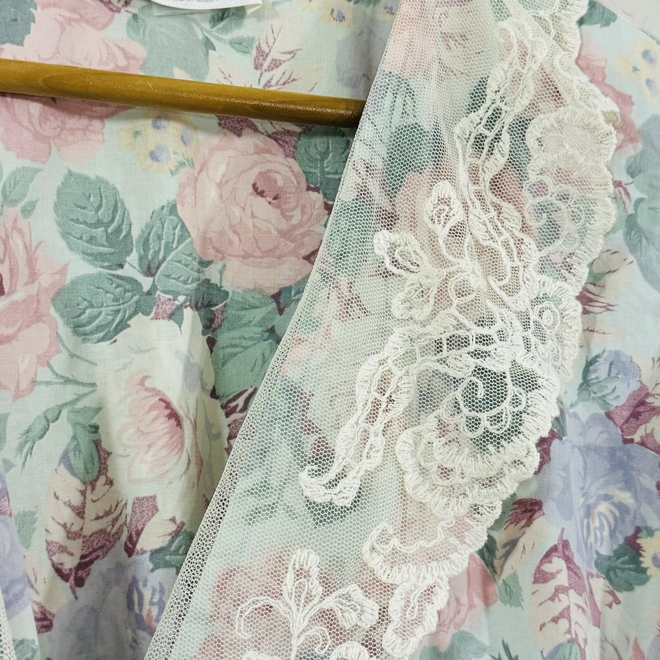 VTG 80s Komar Floral Lace House Robe Dress Cottage Granny Victorian Pockets SZ L - Image 4 of 4
