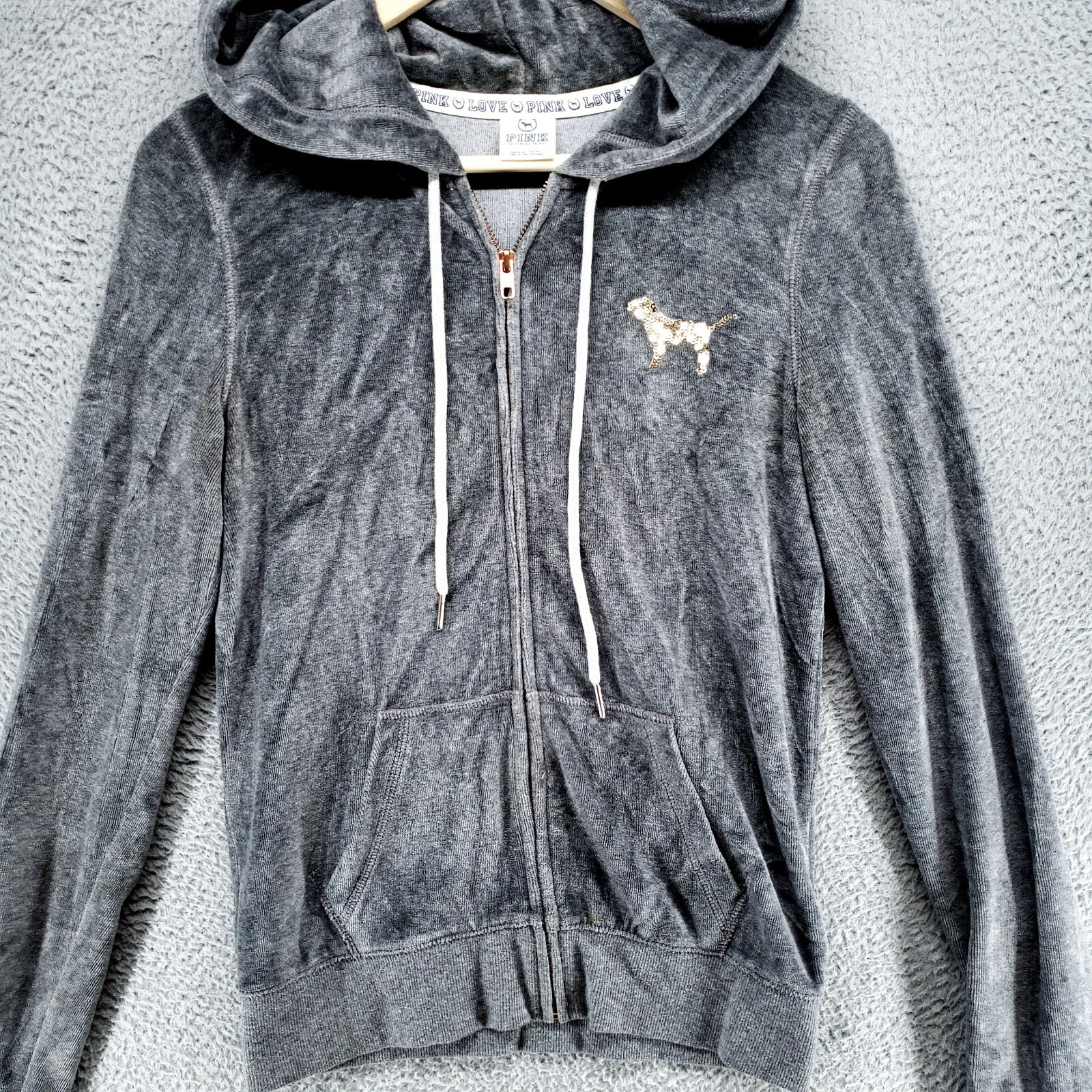 UNDERCOVER Felpa con cappuccio Victoria Secret vintage Love rosa paillettes con cane donna XS grigia morbida
