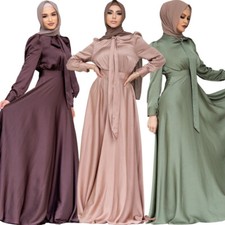 Ramadan Elegant Women Satin Kaftan Muslim Maxi Dress Dubai Abaya Moroccan Gown
