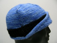 BLUE WITH BLACK TRIM - HAND KNITTED - KID'S SIZE STOCKING CAP BEANIE HAT 