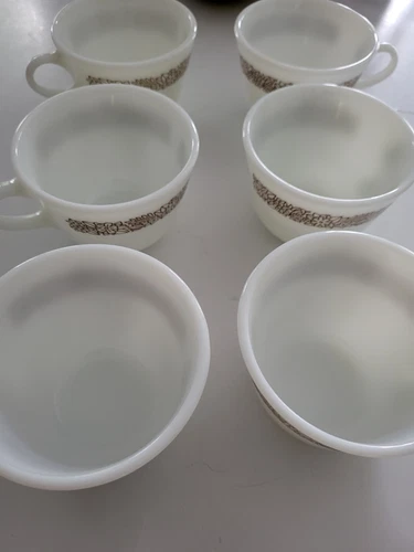 Vintage Set of (6) Pyrex Woodland Brown Floral 8 oz White Milk Glass Coffee Cups