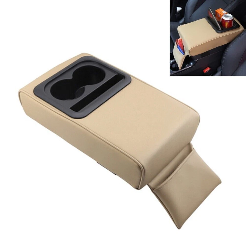 Car Armrest Leather Cushion Center Console Heighten Elbow Pad Cup Holder Beige Foto 3 de 4