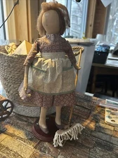 Handcrafted Cloth Doll On Base Holding Mop, Made In Taiwan