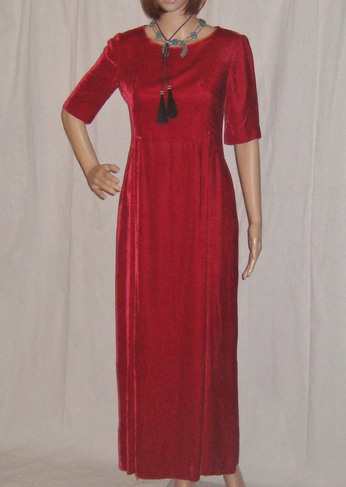 Maxi Vestido Vintage Terciopelo Años 70 Hecho a Mano Rojo Carmesí Manga Corta Columna Pequeño Foto 2 de 4