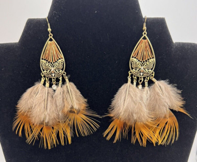 Bohemian Earrings Boho Brown Gold Butterfly Feathers Dangle Hook Jewelry