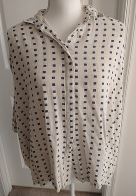 Biba Beach Blouse Size 34 Beige Navy Blue Cotton Rayon Flax Lagenlook