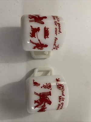 Antique Religious Children s Milk Glass Mugs Red Lettering