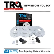 TRQ Front & Rear Posi Ceramic Brake Pads & Performance Drilled Slotted Rotor Kit