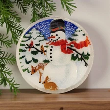 Peggy Karr Fused Glass Plate Christmas Winter Snowman Deer Woodland Animals 7.5"