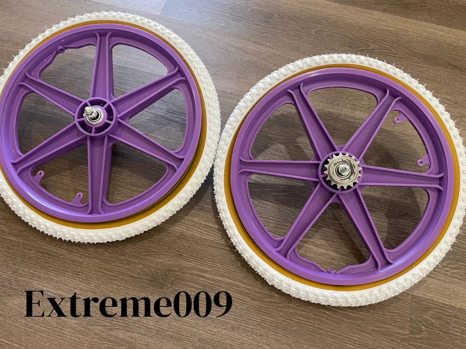 Conjunto de rodas Mag de bicicleta 20" 6 raios bicicleta BMX roxa com pneus 20x1,75 Comp BRANCOS - Imagem 3 de 3