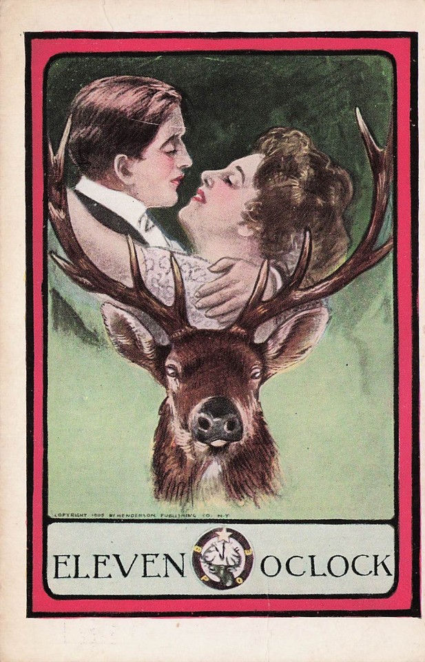 A genuinely bizarre vintage Valentine's postcard featuring a deer and 'secret affair' hunting romance theme — delightfully odd and perfectly giftable as a funny, one-of-a-kind novelty.