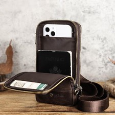 Herren Vintage Leder Handy Schultertasche Reißverschluss Verstellbarer Gurt