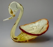 Vintage Viking Rainbow Art Glass Amber Swan Nut Candy Dish Stunning MCM Trinket