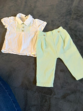 Minifini Baby 2pc Cotton Waffle Outfit Set 9-12M White Top Green Trousers