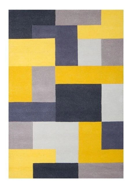 Hand Tufted Modern Abstract Geometric Wool Rug Yellow Grey Blue Area Carpet