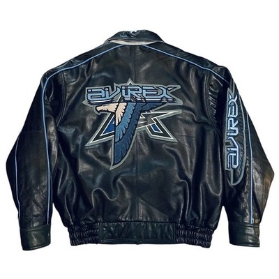 RARE 90s Vintage Avirex Leather Bomber Jacket Black Eagle Logo Varsity