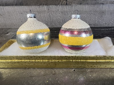 VTG Christmas Ornaments Shiny Brite Stripes, Sugared Set of 2 Holiday Decor