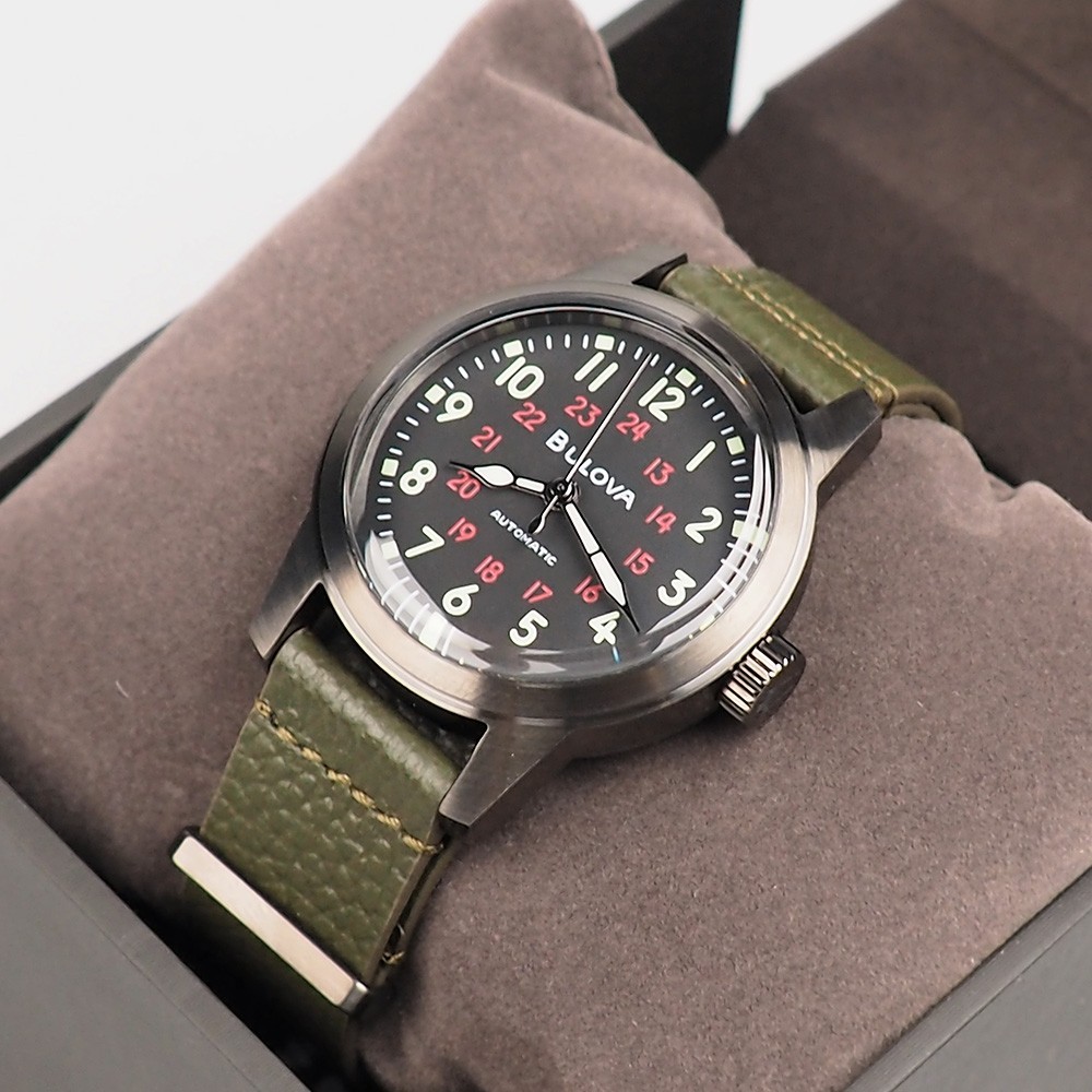 Men's Bulova Military Hack Black Dial Green Leather Strap