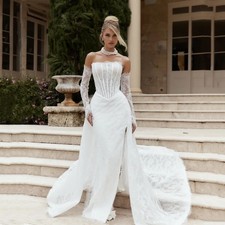 Customized Luxury Lace Appliques Mermaid Wedding Dress White Strapless Backless