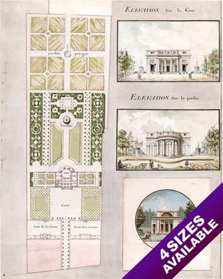 FRENCH HOME & GARDEN LAYOUT BLUEPRINT WATERCOLOR PAINTING ART REAL CANVAS PRINT