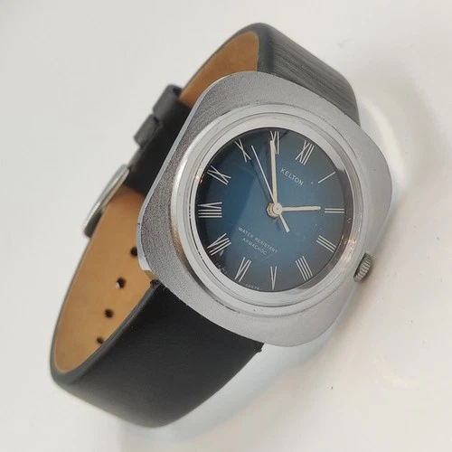 Vintage Mens Working Mechanical Watch Wind Up 1970s Kelton Timex Blue Dial V