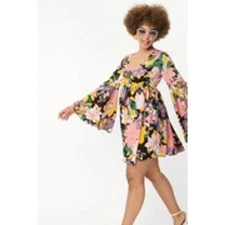 New Smak Parlour Floral Print Hippie 60s Long Bell Sleeve Mini Dress Party