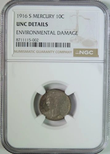 1916 S Silver Mercury Dime NGC UNC Details Uncirculated