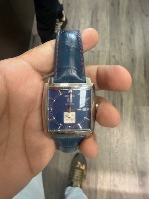 TAG Heuer Monaco Automatic 37mm Square Steel Blue Dial Leather Strap Date