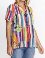 Johnny Was XL Summer Stripe Button-Up Blouse Floral 100 Silk READ