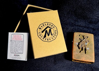 Vintage 1994 Zippo Brass Marlboro Bucking Bronco w Box & Papers