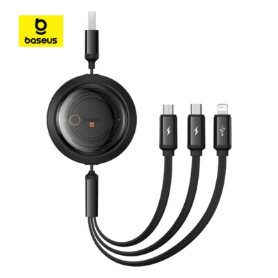 Baseus Retractable 3.5A 3 in 1 USB Fast Charging Cable For iPhone Samsung iPad