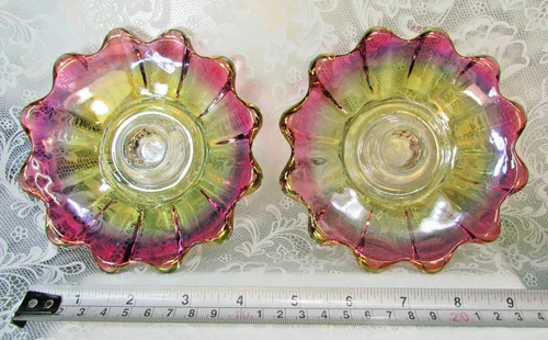 Vintage Set of 2 Pink Marigold Iridescent Carnival Glass TAPERED CANDLE HOLDERS
