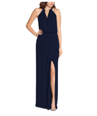 XSCAPE Hardware-Trim Halter Gown Dress Navy Size 10