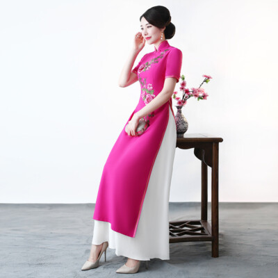 New Women Embroidery Long Dress Vietnamese Ao Dai Catwalk