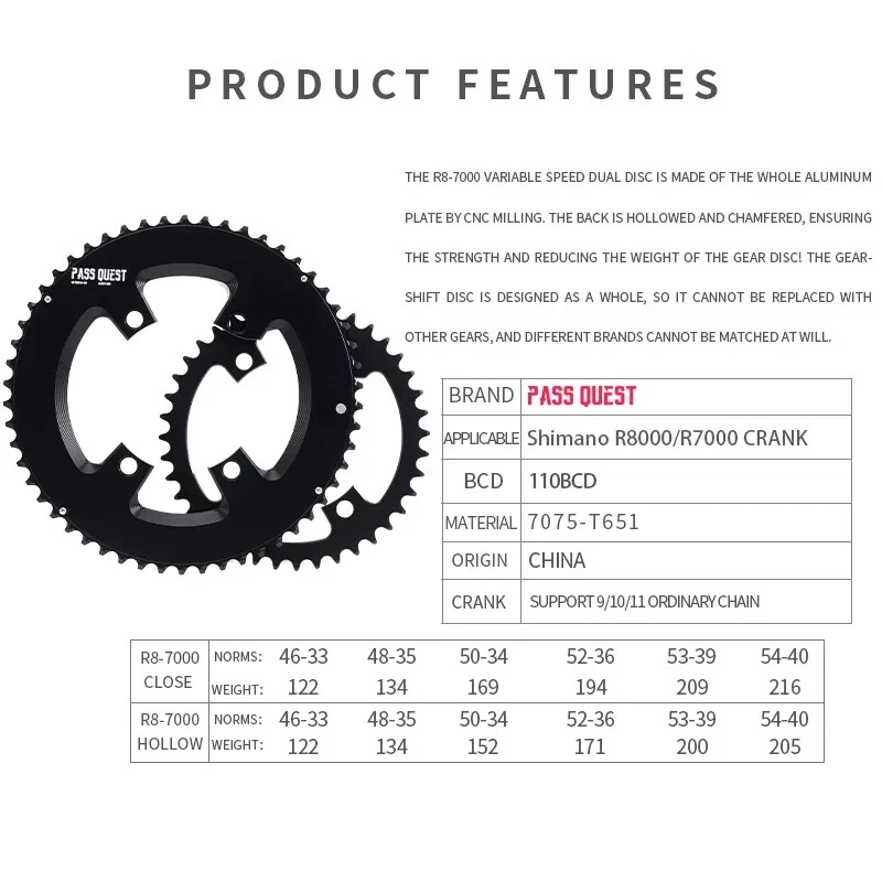 110BCD Double Chainring 4-Bolt 50-34T 52-36T for Shimano R8000/R7000 Crank - Image 2 of 4