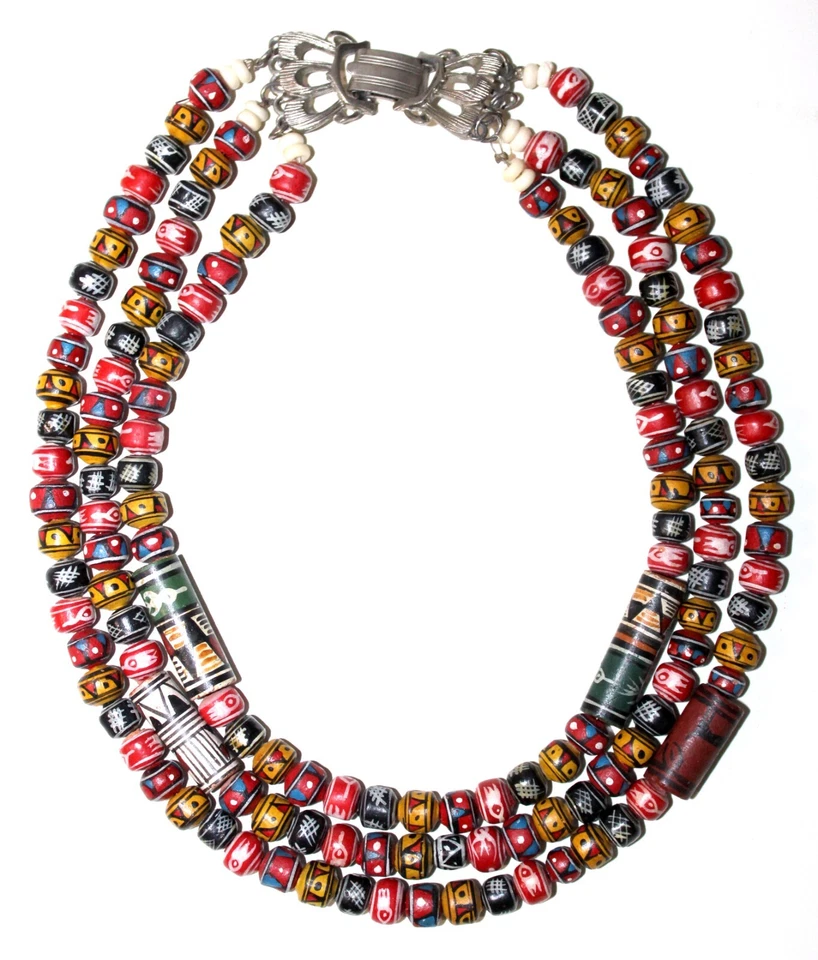 Ceramic Bead Necklace Peru Handmade Painted Clay Beads Vintage - Image 2 of 4