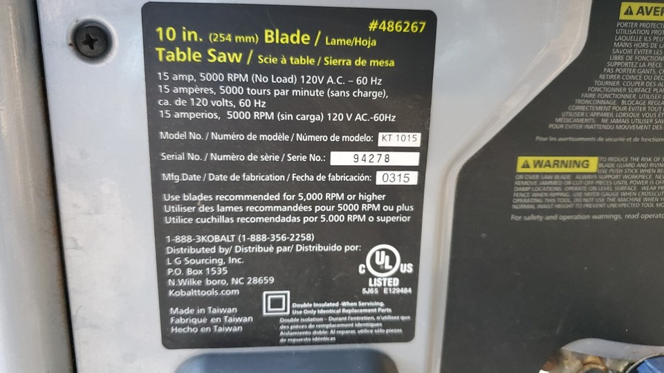 Throat Plate Insert for Kobalt KT1015 10 inch table saw eBay