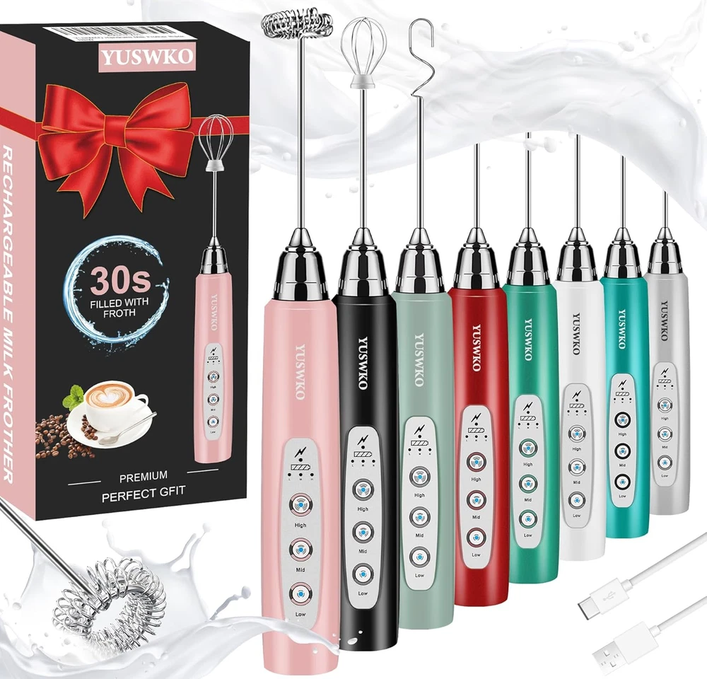 Milk Frother Handheld for Coffee, Rechargeable Drink Mixer with 3 Heads 3 Speeds Milk Frother Handheld for Coffee, Rechargeable Drink Mixer with 3 Heads 3 Speeds