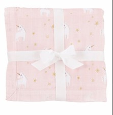 New Mud Pie Baby Blanket Pink Unicorn Muslin /Trim 36x36  Baby Girl Shower Gift