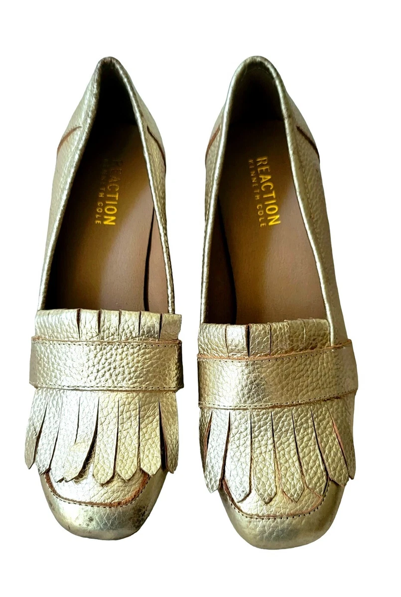 REACTION KENNETH COLE MICHELLE GOLD LOAFERS BLOCK HEEL Size 7W eBay
