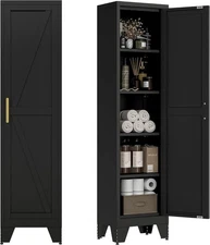 67" Metal Steel Narrow Storage Cabinet With 4 Adjustable Shelves And Barn Doors