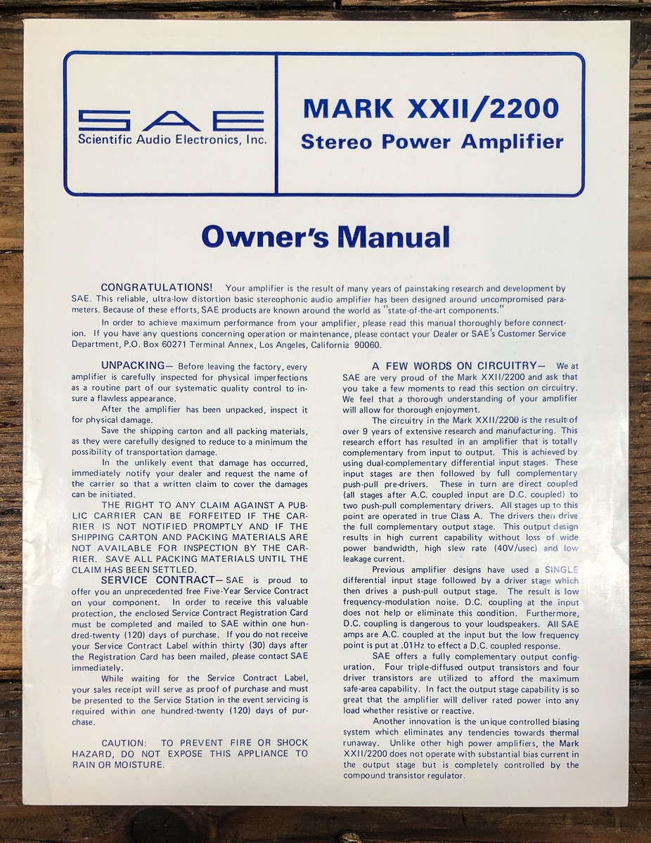 SAE Mark 2200 XXII Amplifier Owners / User Manual *Original*