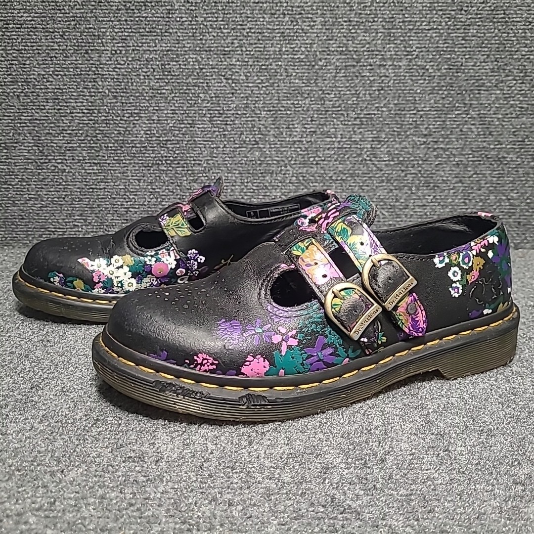 Dr. Martens Mary Jane Leather Buckle Shoes Black Floral 8065 Size