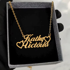 Custom Double Name Heart Pendant Necklace Stainless Steel Lobster Clasp Chain
